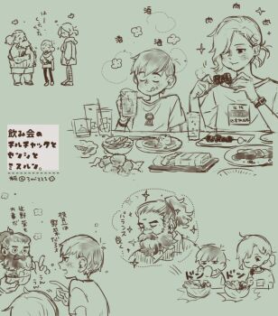 3boys 3mi221 :q :t alcohol alternate_hairstyle bags_under_eyes beard chilchuck_tims closed_eyes contemporary cup deformed drinking dungeon_meshi dwarf eating elf facial_hair food green_background halfling holding holding_cup holding_food licking_lips male_focus mithrun monochrome multiple_boys mustache notched_ear official_alternate_costume open_mouth pointy_ears ponytail senshi_(dungeon_meshi) shirt short_hair t-shirt table thick_mustache tongue tongue_out watch wristwatch