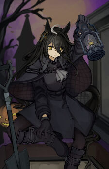 1girl absurdres ahoge arm_up ascot black_boots black_cape black_coat black_gloves black_pantyhose boots cape closed_mouth coat collared_coat cross cross_earrings ear_ornament earrings gloves graveyard grey_ascot hair_between_eyes highres holding holding_lantern jack-o&#039;-lantern jewelry knee_up konpota_(kon_potamk2) lantern long_hair long_hair_between_eyes long_sleeves manhattan_cafe_(umamusume) multicolored_hair on_ground pantyhose shovel sitting smile solo umamusume very_long_hair white_hair