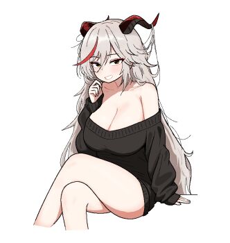 1girl aegir_(azur_lane) alternate_costume arm_support azur_lane black_horns black_sweater blush breasts casual cleavage cocktiel77 collarbone commentary_request cropped_legs crossed_legs dragon_girl dragon_horns grin hair_between_eyes hair_on_horn horns korean_commentary large_breasts long_hair long_sleeves multicolored_hair multicolored_horns oversized_object red_hair red_horns simple_background single_off_shoulder sitting sleeves_past_wrists slit_pupils smile solo streaked_hair sweater syringe thighhighs very_long_hair white_background white_hair yellow_eyes