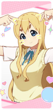 1girl ash_illustrator blonde_hair blue_eyes breasts bushy_eyebrows closed_mouth dot_nose double-parted_bangs feet_out_of_frame female_focus heart_(symbol) k-on! kotobuki_tsumugi long_hair looking_at_viewer medium_breasts ribbon school_uniform shirt short_sleeves smile solo standing star_(symbol) sweater_vest thick_eyebrows v white_shirt yellow_sweater_vest