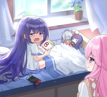 2girls aged_down alternate_costume alternate_universe animal_ears bed blunt_bangs calendar_(object) character_doll chinese_commentary commentary_request couple crying crying_with_eyes_open detached_sleeves doll drooling flower fox_ears fox_girl genshin_impact hair_between_eyes hair_down highres holding implied_yuri kiana_kaslana kiana_kaslana_(herrscher_of_flamescion) light_particles long_hair looking_at_another looking_to_the_side mouth_drool multiple_girls nintendo_switch on_bed open_mouth pajamas pink_hair purple_eyes purple_hair raiden_mei raiden_mei_(herrscher_of_thunder) raiden_shogun short_sleeves sitting sunlight tearing_up tears vest window yae_miko yuri zhihe_box