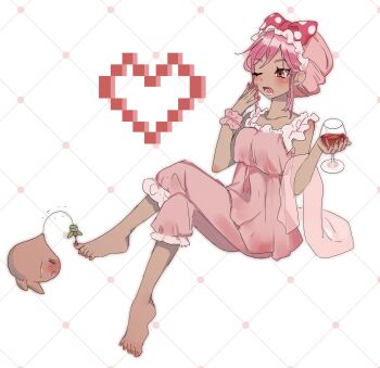 1girl :o \||/ alcohol alternate_costume alternate_hair_length alternate_hairstyle applying_manicure babydoll bare_arms bare_shoulders barefoot blush bow breasts closed_eyes collarbone commentary creature crossed_legs cup dark-skinned_female dark_skin double-parted_bangs drinking_glass fang frilled_babydoll frilled_pants frills full_body hair_between_eyes hand_on_own_cheek hand_on_own_face hands_up hat hat_bow heart highres holding holding_cup invisible_chair looking_at_another nail_polish omori open_mouth pants pink_babydoll pink_bow pink_hair pink_hat pink_pants pink_wrist_cuffs pixel_art_inset polka_dot polka_dot_bow red_eyes red_nails red_wine short_hair shower_cap sidelocks simple_background sitting small_breasts solo sprout_mole sukinakoto1ppai sweatdrop sweetheart_(omori) symbol-only_commentary teeth toenail_polish toenails toes tsurime two-tone_bow white_background white_bow wine wine_glass wrist_cuffs