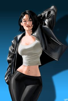 1girl arm_behind_head black_hair black_jacket blue_eyes bob_cut breasts cleavage commentary contrapposto drop_shadow english_commentary hand_in_pocket highres jacket jet_(shadow_slave) l3xarts_17 leather leather_jacket looking_at_viewer open_clothes open_jacket parted_lips shadow_slave short_hair solo stomach tank_top white_tank_top