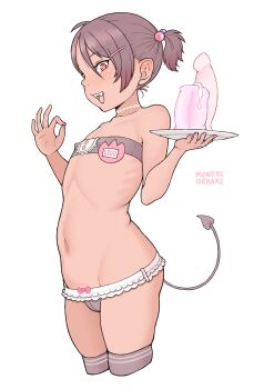 1girl a_kun artificial_vagina blush brown_eyes brown_hair cameltoe choker cropped_legs demon_girl demon_tail dildo fellatio_gesture flat_chest hair_bobbles hair_ornament hairclip heart holding holding_plate loli looking_at_viewer navel ok_sign open_mouth original panties plate ponytail red_eyes sex_toy short_hair short_ponytail simple_background smile solo symbol-shaped_pupils tail teeth thighhighs tray underwear upper_teeth_only white_background