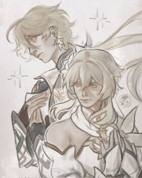 1boy 1girl aether_(as_heaven_and_earth_are_made_anew)_(genshin_impact) aether_(genshin_impact) ahoge bare_shoulders black_gloves black_shirt blonde_hair blue_ribbon brother_and_sister closed_mouth commentary detached_sleeves dress earrings english_commentary fingerless_gloves fingernails floating_hair flower genshin_impact gloves gold_ring gold_trim grey_vest hair_between_eyes hair_flower hair_ornament hair_ribbon hands_on_own_chest hands_up highres jacket jewelry juliet_sleeves lapels lips long_hair long_sleeves looking_at_viewer looking_to_the_side low_ponytail lumine_(as_heaven_and_earth_are_made_anew)_(genshin_impact) lumine_(genshin_impact) mandarin_collar official_alternate_costume official_alternate_hairstyle open_clothes open_jacket ponytail puffy_sleeves ribbon shirt short_hair siblings sidelocks simple_background single_earring sleeveless sleeveless_dress sparkle star_(symbol) star_earrings tedlybinn teeth upper_body v-shaped_eyebrows vest watermark wavy_hair white_background white_dress white_flower white_gloves white_jacket white_sleeves yellow_eyes