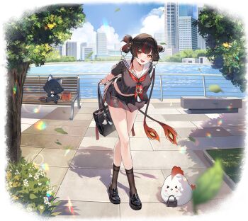 1girl bag bench bird black_hair black_shirt black_shoes black_skirt black_socks blue_sky breasts building chicken chipy cityscape cloud full_body game_asset hair_ornament highres holding holding_bag leaf multicolored_hair non-web_source official_alternate_costume open_mouth orange_eyes park_bench poker_fate red_hair school_uniform self-datamine shadow shirt shoes skirt sky socks solo_focus syusyu_(after-school_promise)_(poker_fate) syusyu_(poker_fate) tree two-tone_hair water