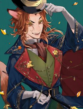 1boy :d animal_ear_fluff animal_ears aqua_background arm_up artist_name ascot belt belt_buckle black_belt blue_cape blue_coat brown_ascot brown_eyes brown_hair buckle buttons cane cape chain coat commentary_request confetti eyeshadow fangs fellow_honest floating_hair fox_boy fox_ears fox_tail gloves gold_chain green_eyeshadow green_vest hat highres holding holding_cane holding_unworn_clothes holding_unworn_hat lapel_pin lapels long_sleeves looking_at_viewer makeup male_focus medium_hair open_mouth parted_bangs patchwork_clothes red_cape shirt signature simple_background smile solo sparkle stitches tail teeth twisted_wonderland two-sided_cape two-sided_fabric uguisu_(uguisu1019) unworn_hat unworn_headwear v-shaped_eyebrows vest white_gloves white_shirt