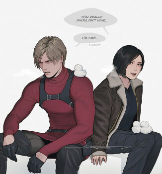 1boy 1girl ada_wong ada_wong_(cosplay) bird black_boots black_gloves black_hair black_pantyhose black_shirt blonde_hair boots brown_jacket chest_harness cosplay costume_switch duck english_text feet_out_of_frame fur-trimmed_jacket fur_trim gloves harness jacket leon_s._kennedy leon_s._kennedy_(cosplay) long_sleeves open_clothes open_jacket pants pantyhose parted_lips red_sweater resident_evil resident_evil_4 resident_evil_4_(remake) sardine_(kjr0313) shirt short_hair sign signature simple_background sitting speech_bubble sweater thigh_boots turtleneck turtleneck_sweater