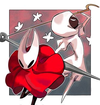Rule 34 | 2girls, arthropod girl, black eyes, black skin, bodysuit, cloak, colored skin, full body, hat, highres, holding, holding weapon, hollow eyes, hollow knight, hollow knight: silksong, horned mask, hornet (hollow knight), lace (hollow knight), mask, miikrowelle, multiple girls, needle (hollow knight), pin (hollow knight), puffy sleeves, red cloak, weapon, white bodysuit, white eyes, white hat, white mask