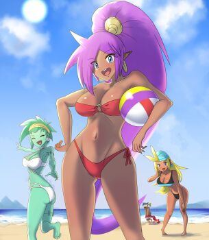 1boy 3girls ass ball beach beachball bikini blonde_hair blue_hair bolo_(shantae) breasts colored_skin crab dark-skinned_female dark_skin earrings green_hair green_skin highres jewelry large_breasts long_hair multiple_girls ocean pointy_ears purple_hair rottytops ruru_(sonicboom30813) sand shantae shantae_(series) short_hair skull_earrings sky_(shantae) sunlight swimsuit very_long_hair water zombie