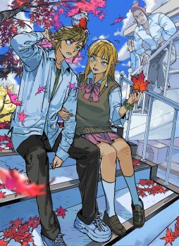 1girl 3boys arm_behind_head autumn_leaves black_pants black_shoes blonde_hair blue_eyes blunt_bangs bow bowtie brown_sweater_vest collared_shirt commentary_request full_body furrowed_brow groose hair_between_eyes highres holding holding_another's_arm holding_leaf korean_commentary leaf link loafers maple_leaf multiple_boys nintendo ninto open_mouth pants pink_bow pink_bowtie pink_skirt pleated_skirt pointy_ears princess_zelda red_hair school_uniform shirt shirt_under_shirt shoes short_hair sidelocks sitting skirt sneakers socks strich sweater_vest the_legend_of_zelda the_legend_of_zelda:_skyward_sword white_shirt white_shoes white_socks