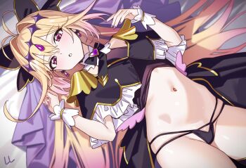 Rule 34 | 1girl, absurdres, antenna hair, black bow, black capelet, black dress, black thighhighs, blonde hair, bow, brooch, capelet, closed mouth, cure arcana shadow, dress, frilled capelet, frills, gears, gradient hair, hair bow, hair intakes, heart, heart brooch, highres, jewelry, ll 0109, long hair, looking at viewer, magical girl, medium dress, meitantei precure!, moria luluka, multicolored hair, precure, purple eyes, purple veil, sleeveless, sleeveless dress, solo, tear arcana rod, thighhighs, veil, very long hair, wrist cuffs