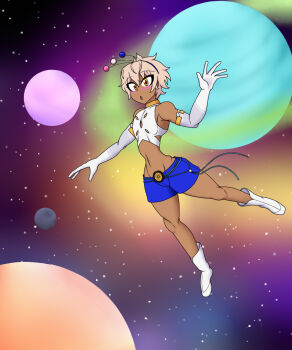 1boy bare_shoulders blue_shorts boots chart commentary crop_top dark-skinned_male dark_skin elbow_gloves english_commentary full_body genderswap genderswap_(ftm) gloves hair_ornament hairband halterneck highres hololive hololive_english limiter_(tsukumo_sana) looking_at_viewer male_focus midriff navel planet planet_hair_ornament shirt short_hair shorts simple_background skin_tight sky solo space star_(sky) tsukumo_san tsukumo_sana virtual_youtuber white_background white_boots white_gloves white_hair white_shirt yellow_eyes