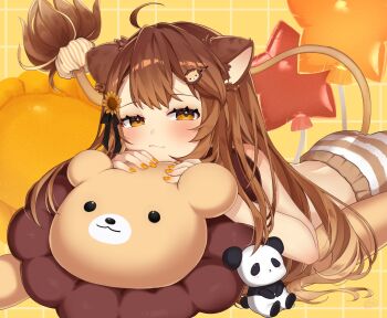 1girl :3 ahoge animal_ear_fluff animal_ears blush brown_hair flower hair_flower hair_ornament hairclip highres lion_ears lion_hair_ornament lion_tail long_hair looking_at_viewer orange_eyes orange_nails re:act sawamaru_0528 shishigami_leona solo star_balloon stuffed_animal stuffed_toy sunflower tail topless_female virtual_youtuber