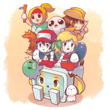 1001_spikes 2girls 4boys :d :o aban_hawkins android animal_on_leg ankle_boots artist_request baby_animal baggy_pants bald balrog_(cave_story) bare_arms bare_shoulders baseball_cap bird black_eyes black_hair black_shirt blonde_hair boots branch brown_boots brown_eyes brown_fur brown_hair brown_tail closed_mouth commentary company_connection crop_top crop_top_overhang crossover crying curly_brace deformed dog dot_nose doukutsu_monogatari english_commentary fedora flying_sweatdrops fox frown gloves green_eyes green_lips green_scarf green_shirt green_sleeves hair_tubes half_updo hat headband holding holding_branch insect_wings isaac_(the_binding_of_isaac) ittle_dew ittle_dew_(character) ittle_dew_2 jacket jenka's_puppies joints long_hair lower_teeth_only mechanical_arms metal_skin midriff multiple_boys multiple_girls octopus official_art open_mouth orange_background pants penguin pocket ponytail puppy quote_(cave_story) red_gloves red_hat red_headband red_pants red_tank_top robot robot_boy robot_ears robot_joints save_me_mr_tako scarf second-party_source seiza shirt short_hair simple_background single_hair_tube sitting sleeveless sleeveless_shirt smile streaming_tears tako_(save_me_mr_tako) tank_top tears teeth the_binding_of_isaac tippsie upper_teeth_only upturned_eyes v-shaped_eyebrows white_dog white_fur white_tail wings yellow_jacket yellow_sleeves