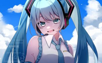 1girl aomidori_(em_em37) aqua_eyes aqua_hair aqua_necktie aqua_trim breasts cloud cloudy_sky collared_shirt commentary detached_sleeves frilled_sleeves frills hair_between_eyes hair_ornament hatsune_miku headset highres long_hair looking_at_viewer medium_breasts necktie open_mouth shirt sky sleeveless sleeveless_shirt smile solo symbol-only_commentary twintails upper_body very_long_hair vocaloid watermark white_shirt
