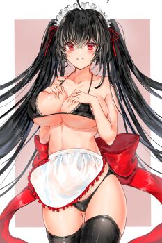 absurdres ahoge alternate_costume apron azur_lane bikini black_bikini black_hair black_panties black_thighhighs blush bow breasts cleavage commentary_request frilled_apron frills gluteal_fold hair_between_eyes halterneck hands_on_own_chest highres huge_breasts long_hair looking_at_viewer maid maid_apron maid_bikini maid_headdress panties red_bow red_eyes red_ribbon ribbon sidelocks smile swimsuit taihou_(azur_lane) thighhighs thighs twintails unconventional_maid underwear white_apron yukineko1018