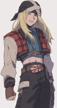 1boy axl_low bandana belt belt_buckle black_pants blonde_hair blue_eyes blue_shirt brown_belt brown_gloves buckle clenched_hand crop_top cropped_jacket fingerless_gloves gloves groin guilty_gear guilty_gear_strive highres jacket kometubu0712 long_hair long_sleeves looking_to_the_side male_focus navel pants plaid_clothes shirt smile solo standing teeth union_jack