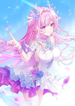 Rule 34 | 1girl, absurdres, armlet, bare shoulders, blue sky, breasts, commentary, cyrene (honkai: star rail), cyrene (ripples of past reverie) (honkai: star rail), day, dress, flower, hair flower, hair intakes, hair ornament, hand up, highres, honkai: star rail, honkai (series), jewelry, large breasts, long hair, outdoors, pink hair, pink petals, pointy ears, purple flower, purple rose, rose, seno (senohime), sidelocks, sky, solo, thighs, white dress