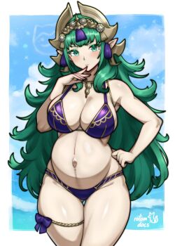 1girl absurdres alternate_costume armpits artist_name bare_arms bare_shoulders bikini blue_sky bow breasts cloud collarbone commentary commission cowboy_shot curvy english_commentary finger_to_mouth fire_emblem fire_emblem:_fortune's_weave gluteal_fold green_eyes green_hair groin hand_on_own_hip hand_up highres ko-fi_commission large_breasts light_blush long_hair looking_at_viewer navel nintendo ocean outdoors pregnant purple_bikini purple_bow rotomdocs sideboob signature skindentation sky solo sothis_(adult)_(fire_emblem) sothis_(fire_emblem) standing stomach swimsuit thick_thighs thigh_bow thigh_strap thighs very_long_hair