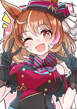 1girl absurdres animal_ears arnolddayo blush breasts brown_eyes brown_hair casual commentary_request double_v gloves hair_between_eyes hair_ornament hat highres horse_ears horse_girl looking_at_viewer medium_breasts medium_hair north_flight_(umamusume) one_eye_closed open_mouth portrait simple_background sweatdrop umamusume v white_background