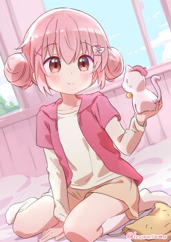 1girl absurdres animal between_legs blue_sky blush bow brown_shorts cat closed_mouth cloud collarbone comic_girls day double_bun eyebrows_hidden_by_hair full_body hair_between_eyes hair_bow hair_bun hair_ornament hairclip hand_between_legs highres holding hood hooded_jacket icorasama indoors jacket kneehighs layered_sleeves long_sleeves looking_at_viewer moeta_kaoruko no_shoes on_bed open_clothes open_jacket pink_hair pink_jacket red_eyes shirt short_over_long_sleeves short_sleeves shorts sitting sky smile socks solo twitter_username wariza white_shirt white_socks window x_hair_ornament