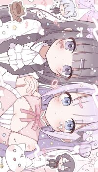 Rule 34 | 2girls, black hair, blue eyes, blunt bangs, blush, bow, bowtie, collared shirt, eyebrows hidden by hair, frills, grid background, hair ornament, hairclip, highres, hinase01, holding hands, long hair, long sleeves, looking at viewer, multiple girls, neck ribbon, original, puffy sleeves, purple eyes, purple hair, ribbon, shirt, sidelocks, sleeves past wrists, star (symbol), stuffed animal, stuffed toy, twitter username, upper body, very long hair