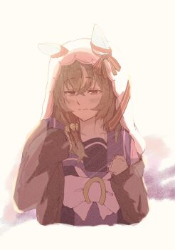 1girl animal_ears b0tam0chi3 bow bowtie brown_cardigan brown_hair cardigan closed_mouth collarbone cropped_torso ear_covers ear_ribbon hair_between_eyes highres horse_ears horse_girl long_hair long_sleeves purple_sailor_collar purple_serafuku purple_shirt red_eyes sailor_collar sailor_shirt school_uniform serafuku shirt solo still_in_love_(umamusume) tracen_school_uniform umamusume veil white_bow white_bowtie white_streaks white_veil