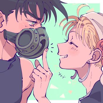 1boy 1girl bandana battle_tendency black_hair blonde_hair closed_eyes commentary_request earrings flower green_eyes grin hair_flower hair_ornament highres jewelry jojo_no_kimyou_na_bouken joseph_joestar joseph_joestar_(young) mask smile suzi_q white_bandana yonchi
