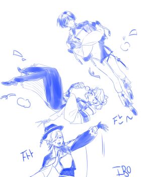 ! 1girl 2boys 49ibo240 absurdres alternate_costume animal_ear_fluff animal_ears arm_bow armpit_crease artist_name blunt_ends braid braided_hair_rings breasts bridal_gauntlets brother_and_sister cat_ears cat_girl chinese_clothes chinese_knot choppy_bangs closed_mouth coattails cosplay costume_switch crop_top crossed_arms double_bun earrings eyelashes facial_mark fingerless_gloves fishnet_top fishnets frilled_leg_warmers genshin_impact gloves hair_bun hair_over_one_eye hair_rings hand_up hat_tassel highres holding holding_removed_eyewear jacket jewelry korean_text lapels leg_warmers long_sleeves looking_at_viewer lynette_(genshin_impact) lyney_(genshin_impact) mandarin_collar medium_breasts middle_ring monochrome multiple_boys off_shoulder open_clothes open_hand open_jacket pants pelvic_curtain robe round_eyewear sanpaku scaramouche_(genshin_impact) shirt shoes short_hair siblings spaghetti_strap star_(symbol) star_facial_mark tassel tassel_earrings thigh_strap translation_request trilby tsurime twins unworn_eyewear wanderer_(genshin_impact) wanderer_(parallels_meet)_(genshin_impact) white_background