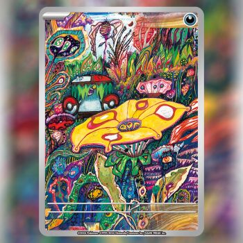 Rule 34 | abstract, brute bonnet, card (medium), commentary, company name, copyright name, copyright notice, english commentary, komiya tomokazu, nintendo, no humans, official art, one eye covered, open mouth, plant, poke ball theme, pokemon, pokemon (creature), pokemon card, pokemon focus, pokemon tcg, solo, textless version, third-party source, trading card
