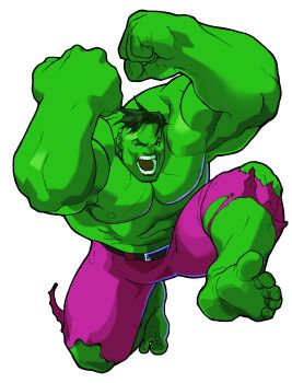 Rule 34 | 1990s (style), 1boy, abs, absurdres, arms up, barefoot, belt, bengus, clenched hands, colored skin, full body, game cg, green skin, highres, hulk, knee up, male focus, marvel, marvel super heroes vs. street fighter, marvel vs. capcom, muscular, muscular male, non-web source, official art, open mouth, pants, pectorals, purple pants, retro artstyle, short hair, simple background, solo, toes, topless male, torn clothes, torn pants, white background