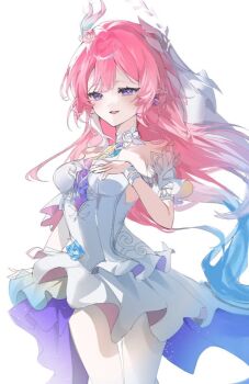 1girl aqua_hair bare_shoulders breasts cyrene_(honkai:_star_rail) cyrene_(ripples_of_past_reverie)_(honkai:_star_rail) diamond-shaped_pupils diamond_(shape) dress earrings flower hair_flower hair_ornament hand_on_own_chest hashtag-only_commentary honkai:_star_rail honkai_(series) jewelry large_breasts long_hair multicolored_hair pantyhose pink_hair pointy_ears purple_eyes sellfishu simple_background solo symbol-shaped_pupils very_long_hair white_background white_dress white_hair white_pantyhose