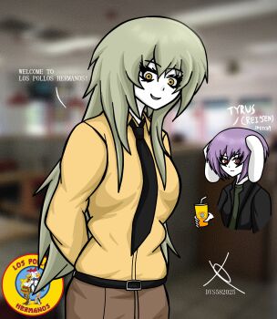 Rule 34 | 2girls, absurdres, animal ears, arms behind back, artist name, black coat, blonde hair, breaking bad, brown pants, brown suit, character name, coat, commentary, cosplay, crossover, cup, disposable cup, english commentary, english text, formal clothes, green shirt, gustavo fring, gustavo fring (cosplay), highres, koishi komeiji's heart-throbbing adventure, light frown, long hair, long sleeves, los pollos hermanos, mdcmp4, multiple girls, pants, purple hair, rabbit ears, red eyes, reisen (touhou bougetsushou), screenshot background, shirt, short hair, smile, solo focus, suit, talking, touhou, tyrus kitt, tyrus kitt (cosplay), watatsuki no toyohime, yellow eyes, yellow suit