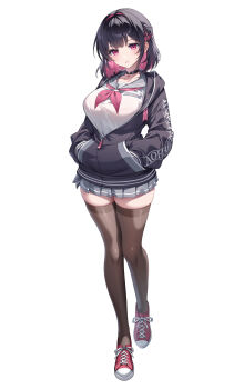 1girl black_choker black_hair black_jacket breasts brown_thighhighs choker closed_mouth colored_inner_hair full_body gomashio_ponz grey_skirt hair_ornament hands_in_pockets highres jacket large_breasts looking_at_viewer miniskirt multicolored_hair neckerchief original pink_eyes pleated_skirt school_uniform serafuku shirt shoes short_hair skirt sneakers solo thighhighs white_shirt x_hair_ornament zettai_ryouiki