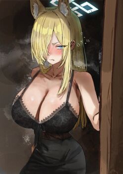 1girl animal_ears black_dress blonde_hair blue_archive blue_eyes blush breasts cleavage dog_ears dress full-face_blush hair_over_one_eye halo highres kanna_(blue_archive) large_breasts long_hair noloi419 simple_background squeans steam steaming_body
