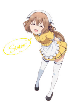 1girl apron blend_s brown_hair english_text gloves hair_between_eyes hair_ribbon headscarf hoshikawa_mafuyu looking_at_viewer open_mouth ribbon shirt short_hair short_sleeves skirt smile solo stile_uniform thighhighs ushio_(0632cd-0729jf) waitress white_gloves white_thighhighs