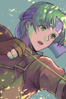 Rule 34 | 1boy, arrow (projectile), artist name, bow (weapon), fingerless gloves, gloves, green hair, headband, male focus, open mouth, ruka (tear ring saga), sennet (tear ring saga), solo, sparkle, sumeragi (black rose), tear ring saga, tear ring saga: yutona eiyuu senki, teeth, weapon