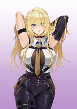 1girl absurdres adjusting_hair alternate_hair_length alternate_hairstyle armpits arms_behind_head arms_up bare_shoulders belt black_belt black_pants blonde_hair breasts commentary cowboy_shot english_commentary evelyn_chevalier gradient_background hair_down hair_lift hand_in_own_hair hands_in_own_hair highres laba_laba_batu large_breasts long_hair pants purple_background purple_eyes shirt sleeveless sleeveless_shirt solo standing thigh_belt thigh_strap very_long_hair white_shirt zenless_zone_zero