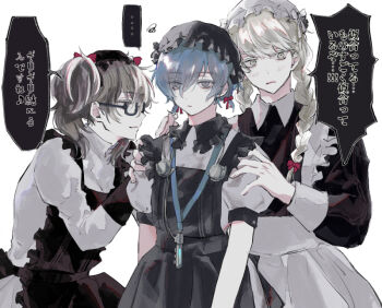 ... 3boys alternate_costume amamiya_ren apron arms_at_sides black-framed_eyewear black_apron black_dress black_hat blue_hair blush bow braid closed_mouth commentary_request crossdressing crossdressing_(mtf) digital_media_player digital_walkman dress earphones enmaided expressionless frilled_apron frills glasses grey_eyes grey_hair hair_between_eyes hands_on_another&#039;s_shoulders hands_up hat long_hair long_sleeves looking_ahead looking_at_another maid male_focus medium_hair mob_cap multiple_boys narukami_yu parted_lips persona persona_3 persona_4 persona_5 puffy_sleeves red_bow semi-rimless_eyewear short_hair short_sleeves simple_background speech_bubble spoken_ellipsis squiggle sumino_suito translation_request twin_braids twintails upper_body walkman_nw-s203f wavy_mouth white_apron white_background white_dress white_hair yuuki_makoto_(persona_3)