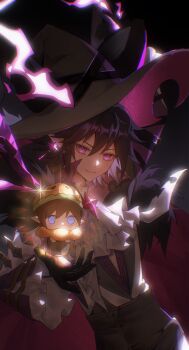 Rule 34 | 1boy, absurdres, alternate costume, aotu world, ascot, black background, black gloves, black hair, black pants, blue eyes, camil (aotu world), cape, character doll, chibi, chinese commentary, closed mouth, doll, earrings, fire, frilled sleeves, frills, fur-trimmed cape, fur trim, gloves, glowing, grey hat, hair between eyes, halloween costume, hat, highres, holding, holding doll, implied yaoi, jewelry, long hair, long sleeves, looking at viewer, male focus, pants, pink eyes, pointy ears, purple cape, purple eyes, purple fire, purple hair, rakuraku (rakuraku), ray (aotu world), shirt, short hair, single earring, smile, solo, sparkle, white ascot, white shirt, witch hat