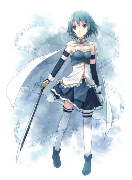 1girl armor blue_eyes blue_footwear blue_hair blue_skirt blue_theme breastplate cape detached_sleeves full_body gloves highres holding holding_sword holding_weapon looking_at_viewer magical_girl mahou_shoujo_madoka_magica mahou_shoujo_madoka_magica_(anime) miki_sayaka miki_sayaka_(magical_girl) sheet_music short_hair skirt solo soul_gem sword thighhighs weapon white_cape white_gloves white_thighhighs yakka