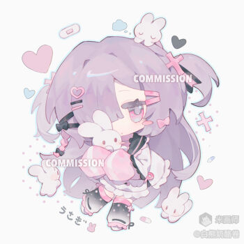 1girl animal bai_xiong_nailaojuan black_thighhighs blunt_bangs braid chibi chibi_only full_body hair_ornament hair_over_one_eye hairclip heart heart_hair_ornament highres holding holding_animal jacket long_hair long_sleeves looking_at_viewer mihuashi_username original parallel_hairclips parted_lips pink_jacket purple_eyes purple_hair rabbit shoes single_braid sleeves_past_fingers sleeves_past_wrists solo standing thighhighs track_jacket two_side_up white_shoes