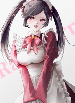 1girl absurdres apron back_bow black_hair bow breasts code_geass code_geass:_dakkan_no_roze collared_dress commentary_request dress frilled_apron frills gradient_background highres juliet_sleeves large_breasts long_hair long_sleeves looking_at_viewer maid maid_apron maid_headdress neckerchief open_mouth own_hands_together parted_bangs pink_dress pink_eyes pink_neckerchief puffy_sleeves smile solo sumeragi_sakuya sweat twintails upper_body white_apron white_bow yurusan