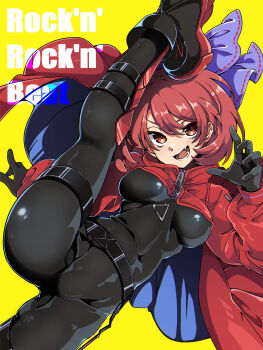 absurdres alternate_costume belt biker_clothes bikesuit black_bodysuit black_boots black_gloves bodysuit boots bow breasts capelet commentary commission covered_erect_nipples covered_navel fang flexible gloves gokuu_(acoloredpencil) hair_between_eyes highres leg_up legs long_sleeves lower_teeth_only medium_breasts medium_hair parted_lips purple_bow red_capelet red_eyes red_hair rock_'n'_rock_'n'_beat sekibanki skeb_commission skin_fang skin_tight smile split standing standing_on_one_leg standing_split teeth thigh_strap thighs touhou