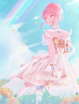 Rule 34 | 1girl, amaiiuwu, armor, back bow, bare shoulders, blue gem, blue sky, bow, breastplate, brown eyes, chest jewel, cloud, coattails, collar, collarbone, commentary, cowboy shot, day, detached collar, dot nose, dress, earrings, english commentary, eyelashes, feather earrings, feathers, field, fingernails, flower, flower field, frilled arm warmers, gem, hair bun, hand on own chest, happy, highres, holding, holding sword, holding weapon, infinity nikki, jewelry, lace, lace collar, lace thighhighs, light particles, looking to the side, melody bloom (infinity nikki), miniskirt, nikki (nikki), nikki (series), off-shoulder dress, off shoulder, open mouth, outdoors, petals, pink hair, pleated dress, pleated skirt, rainbow, see-through bow, see-through clothes, see-through sleeves, short dress, short hair, short sleeves, sidelocks, single hair bun, skirt, skirt under dress, sky, smile, solo, standing, sword, thighhighs, tiara, updo, wavy hair, weapon, white arm warmers, white bow, white collar, white dress, white skirt, white thighhighs, yellow flower