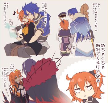 Rule 34 | 0nodera, 1girl, 3boys, atlas academy uniform, blank eyes, blue hair, cleavage cutout, clothing cutout, commentary request, cu chulainn (caster) (fate), cu chulainn (fate), cu chulainn (fate/prototype), cu chulainn alter (fate), expressive hair, fate/grand order, fate (series), fujimaru ritsuka (female), fujimaru ritsuka (female) (chaldea combat uniform), fujimaru ritsuka (female) (mage's association uniform), fujimaru ritsuka (female) (polar chaldea uniform), grabbing another's ass, groping, hair ornament, hair scrunchie, hetero, holding, holding staff, hood, long hair, multiple boys, one side up, orange hair, ponytail, scrunchie, short hair, sitting, sitting on lap, sitting on person, staff, translation request