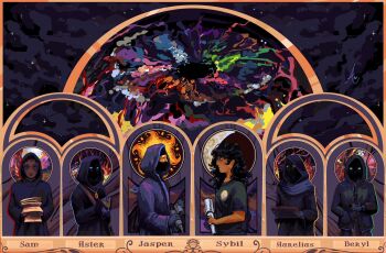 1other 2girls 4boys aster_(look_outside) aurelius_(look_outside) beryl_(look_outside) black_cloak black_eyes black_hair black_hoodie black_shirt blue_eyes book character_name cloak commentary curly_hair dark-skinned_male dark_skin disembodied_eye domino_mask english_commentary english_text eye_mask green_eyes highres holding holding_book holding_paper holding_telescope hood hooded_cloak hoodie jasper_(look_outside) jewelry long_hair look_outside manuscript_paper mask multicolored_eyes multiple_boys multiple_girls necklace paper profile sam_(look_outside) second-party_source shaded_face shirt short_sleeves sky star_(sky) starry_sky sybil_(look_outside) telescope the_visitor_(look_outside) yellow_eyes