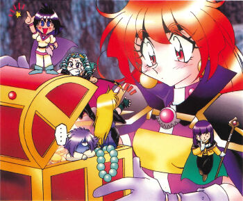 ... 1990s_(style) 3boys 3girls amelia_wil_tesla_seyruun arm_up armor black_hair blonde_hair blue_eyes blue_hair blue_skin boots cape chibi choker colored_skin command_input dagger drill_hair earrings energy_ball fingerless_gloves gloves gourry_gabriev green_hair hair_over_one_eye headband highres holding holding_staff jewelry knee_boots knife lina_inverse long_hair looking_at_another magic martina_zoana_mel_navratilova mini_person miniboy minigirl multiple_boys multiple_girls non-web_source official_art one_eye_closed open_mouth pauldrons pink_choker pointy_ears profile purple_eyes purple_hair red_eyes red_hair retro_artstyle salute sheath sheathed short_hair shoulder_armor slayers slayers_next smile staff treasure_chest weapon wristband xelloss zelgadiss_graywords