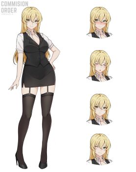 1girl black_thighhighs black_vest blonde_hair blush centauri-d commission frown full_body garter_straps green_eyes hair_between_eyes high_heels highres long_hair multiple_expressions office_lady one_eye_closed original pencil_skirt pigeon-toed reference_sheet sigh skirt smile thighhighs vest